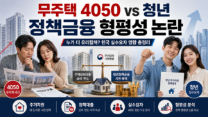 무주택 4050 세대·청년 정책금융 형평성 논란과 주택대출, 청년 주거지원, 실수요자 영향을 비교한 이미지