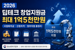 2026 딥테크 창업지원금 최대 1억5천만원 사업화자금, 신청자격, 신청방법과 정부지원 내용을 안내하는 대표 이미지