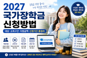 2027 국가장학금 신청방법과 지원대상, 소득구간, 지원금액, 신청기간 및 한국장학재단 신청절차를 안내하는 이미지