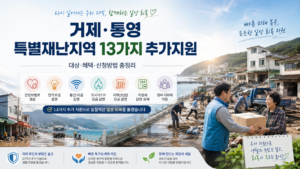 거제·통영 특별재난지역 13가지 추가지원과 건강보험료·전기요금·통신요금·도시가스요금 감면 등 피해 주민 지원 내용을 안내하는 대표 이미지