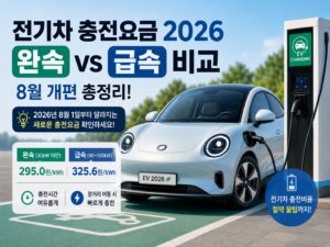 2026 전기차 충전요금과 완속·급속 충전요금 비교, 8월 개편 내용을 고급 전기차 이미지와 함께 보여주는 대표 이미지