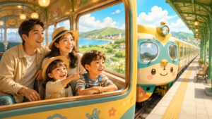 KTX 요금 10% 인하와 SRT 통합 혜택을 활용해 가족이 캐릭터 열차를 타고 즐겁게 여행하는 모습