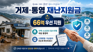 거제 통영 재난지원금 66억 우선 지원과 주택·소상공인 침수피해 지원 대상을 안내하는 대표 이미지
