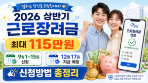 2026 상반기 근로장려금 최대 115만원과 9월 1일부터 15일까지 신청, 12월 17일 지급 예정 안내 대표 이미지