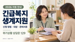 2026 긴급복지 생계지원 신청 방법과 준비서류를 안내하며 복지 담당자와 상담하는 모습을 표현한 콘셉트 이미지