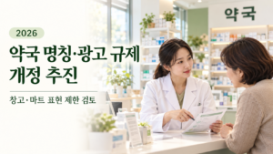 2026 약국 명칭·광고 규제 개정 추진 안내 문구와 밝은 약국에서 고객에게 설명하는 약사의 모습