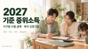 밝은 집에서 부모가 가계부를 살펴보고 아이가 그림을 그리는 2027 기준 중위소득 안내 이미지