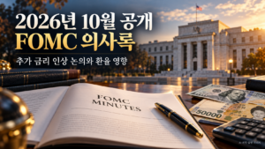 중앙은행 건물을 배경으로 FOMC 의사록 문서와 달러·원화 지폐, 계산기를 배치한 금리·환율 설명 이미지