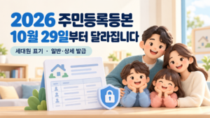 2026년 10월 29일 주민등록등본 표기 개선을 안내하는 이미지로, 웃는 가족과 주민등록 문서, 개인정보 보호를 상징하는 자물쇠가 함께 표현되어 있다.