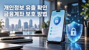 개인정보 유출 확인과 금융계좌 보호를 상징하는 스마트폰 화면과 파란색 자물쇠 방패