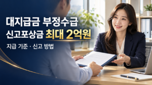 대지급금 부정수급 신고 서류를 상담 직원에게 제출하는 모습과 신고포상금 최대 2억원 안내 문구