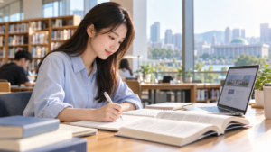 햇살이 들어오는 도서관에서 책과 노트북을 펼쳐 놓고 필기하며 공부하는 청년