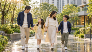 햇살이 비치는 산책길에서 부모와 두 자녀가 손을 잡고 걷는 모습