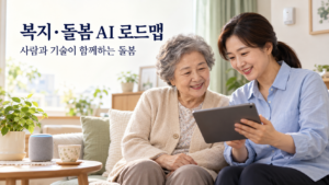 밝은 거실에서 어르신과 돌봄 종사자가 태블릿을 함께 살펴보고, 옆 테이블에는 스마트 스피커가 놓인 모습