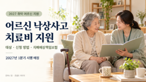 2027 어르신 낙상사고 치료비 지원 안내 문구와 집에서 돌봄 담당자와 상담하는 어르신의 모습을 담은 콘셉트 이미지