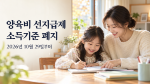 엄마가 아이의 공부를 돕는 모습과 양육비 선지급제 소득기준 폐지 시행일 안내