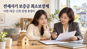 집 모형과 열쇠가 놓인 테이블에서 임차인과 상담사가 전세사기 보증금 최소보장제 관련 서류를 살펴보는 모습
