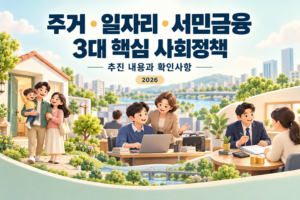 집 앞의 가족, 노트북으로 일하는 사람, 금융상담 장면으로 표현한 2026년 주거·일자리·서민금융 3대 핵심 사회정책