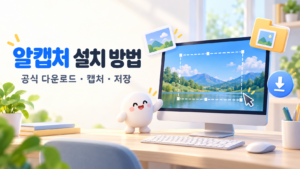 알캡처 설치 방법 안내 이미지로, 모니터에 점선 캡처 영역과 마우스 포인터가 표시되고 다운로드 아이콘과 이미지 폴더가 배치된 일러스트