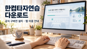 한컴타자연습 다운로드 안내 문구와 컴퓨터 앞에서 키보드로 타자 연습하는 손