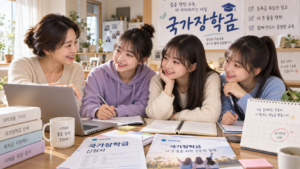 2027 국가장학금 1학기 신청기간을 확인하며 엄마와 세 쌍둥이 자매가 노트북으로 신청방법을 살펴보는 모습